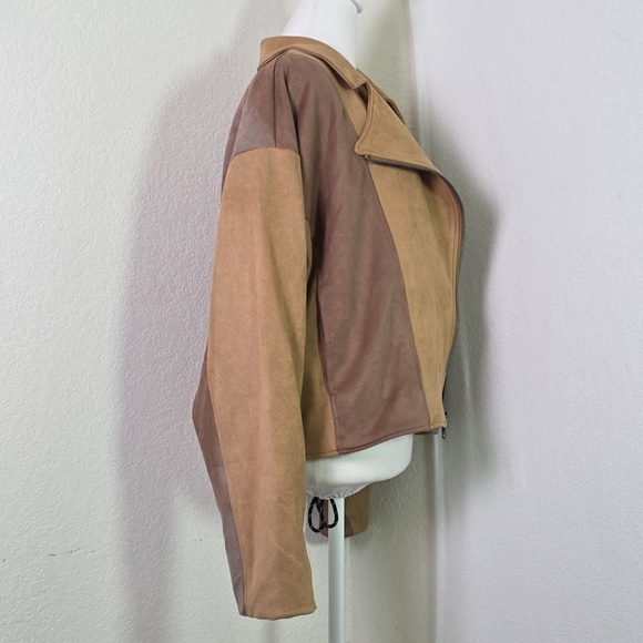 Promesa Faux Suede Colorblock Moto Jacket Women’s Lg Brown Tan Asymmetrical Zip - Picture 4 of 14